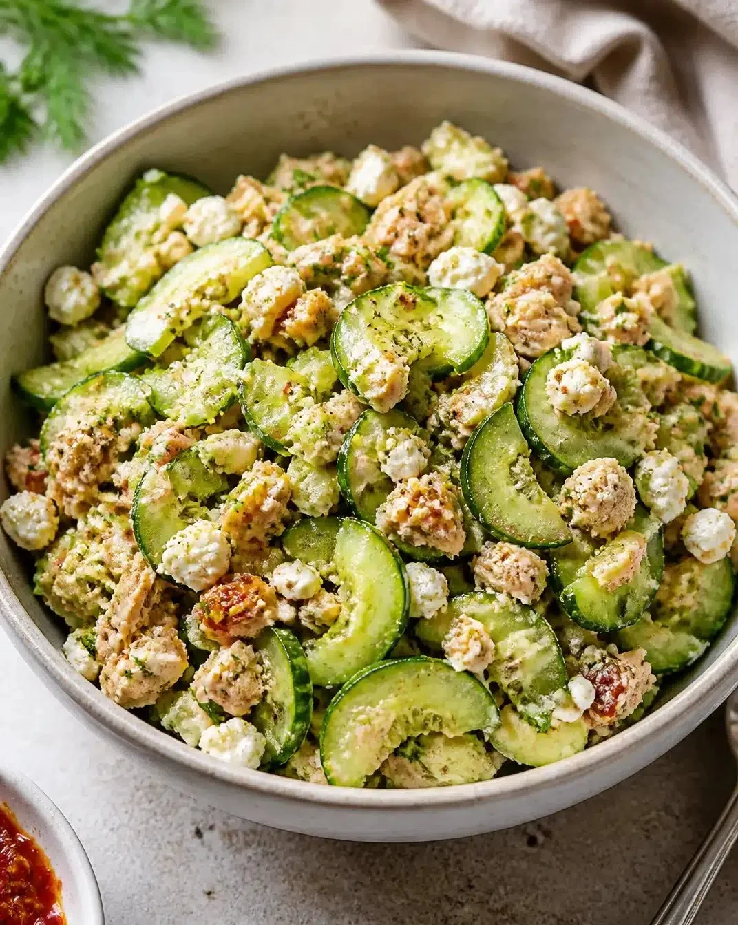 Fresh cucumber salad with herbs and dressing served in a bowl