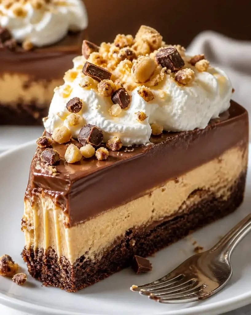 Decadent chocolate peanut butter layered dessert served in a glass dish.