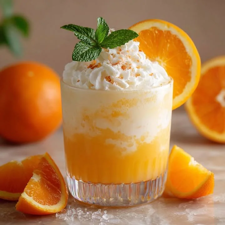 A refreshing orange creamsicle drink served in a chilled glass with ice and orange slices.