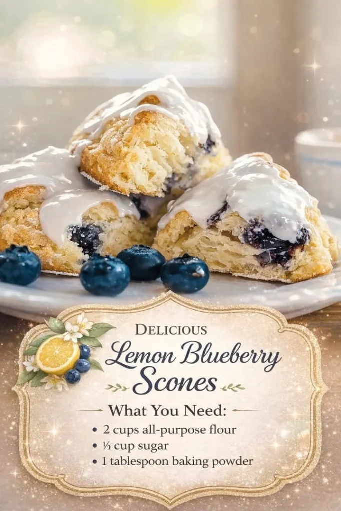 Fresh lemon blueberry scones baked to perfection, golden brown and delicious.