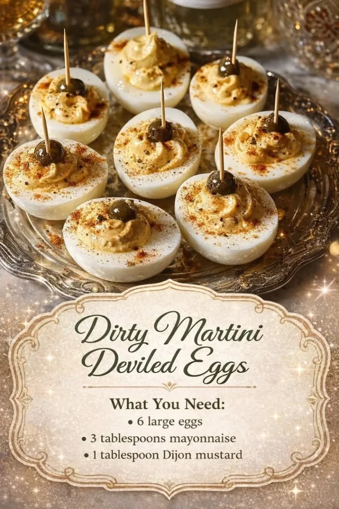 Plate of Dirty Martini Deviled Eggs garnished with olives and herbs