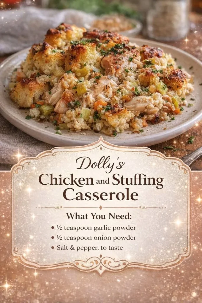 Delicious Dolly's Chicken and Stuffing Casserole served in a dish