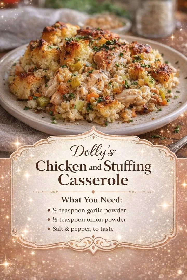 Delicious Dolly's Chicken and Stuffing Casserole served in a dish