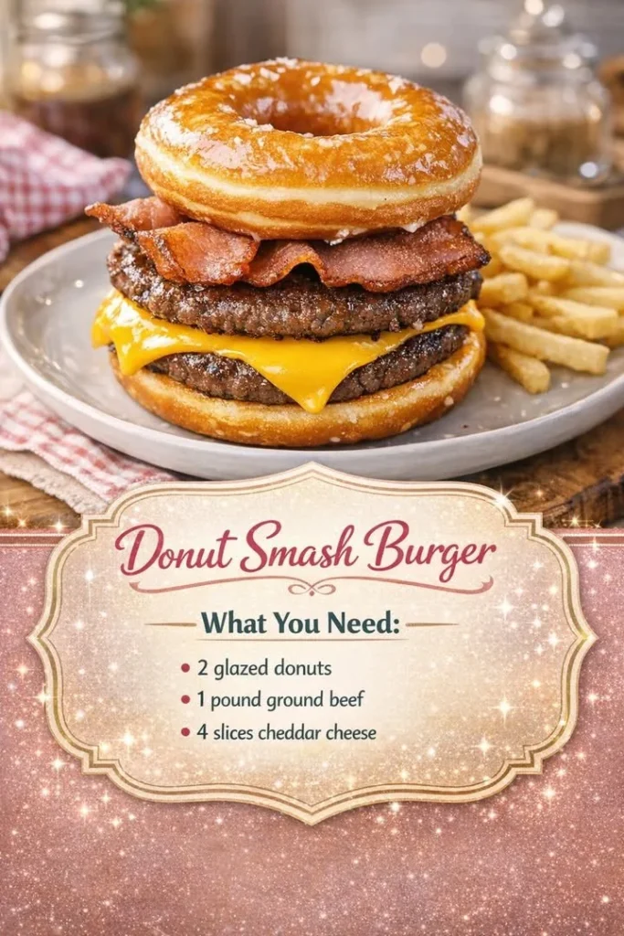 Delicious donut burger, the Donut Smash Burger, with melted cheese and toppings.
