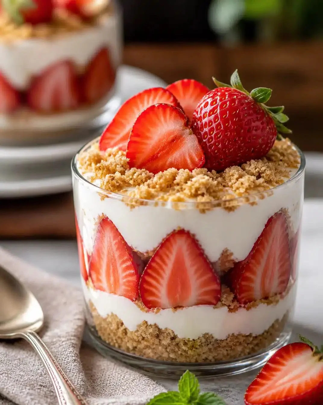 Dreamy Strawberry Dessert 1 Deliciously layered dreamy strawberry dessert with fresh strawberries and cream.