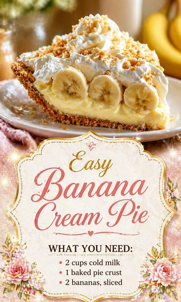 Delicious homemade easy banana cream pie with whipped cream and banana slices