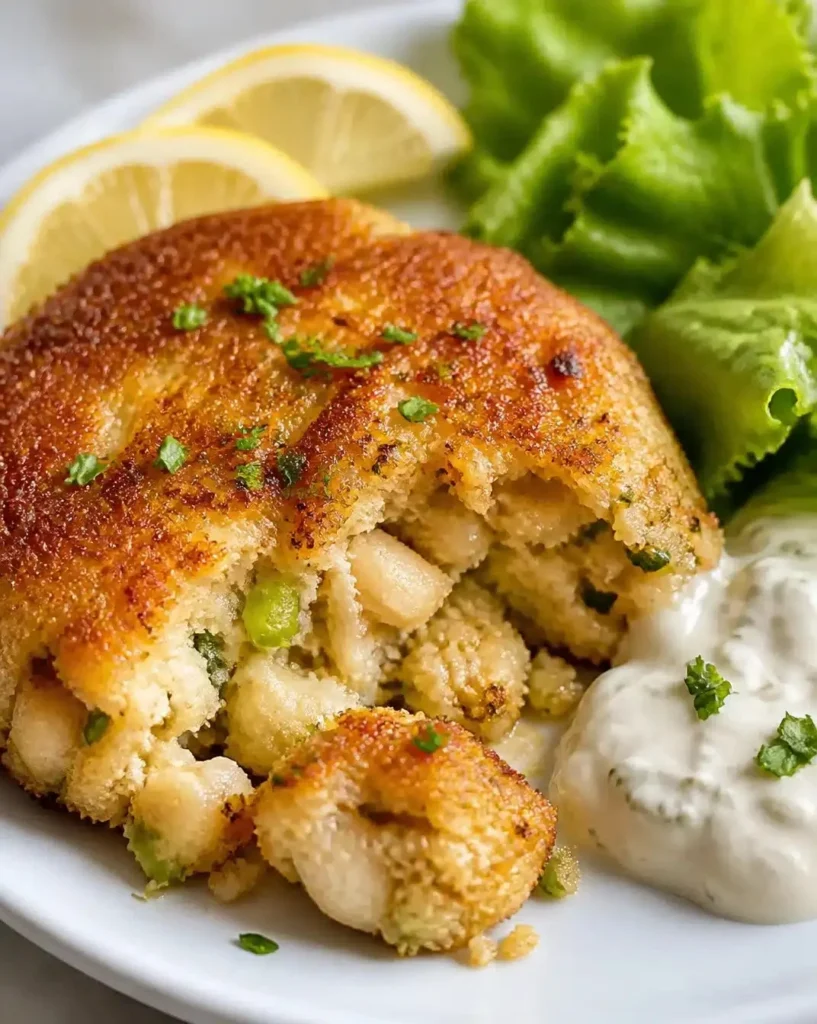 Delicious easy crab cakes served with lemon and garnish