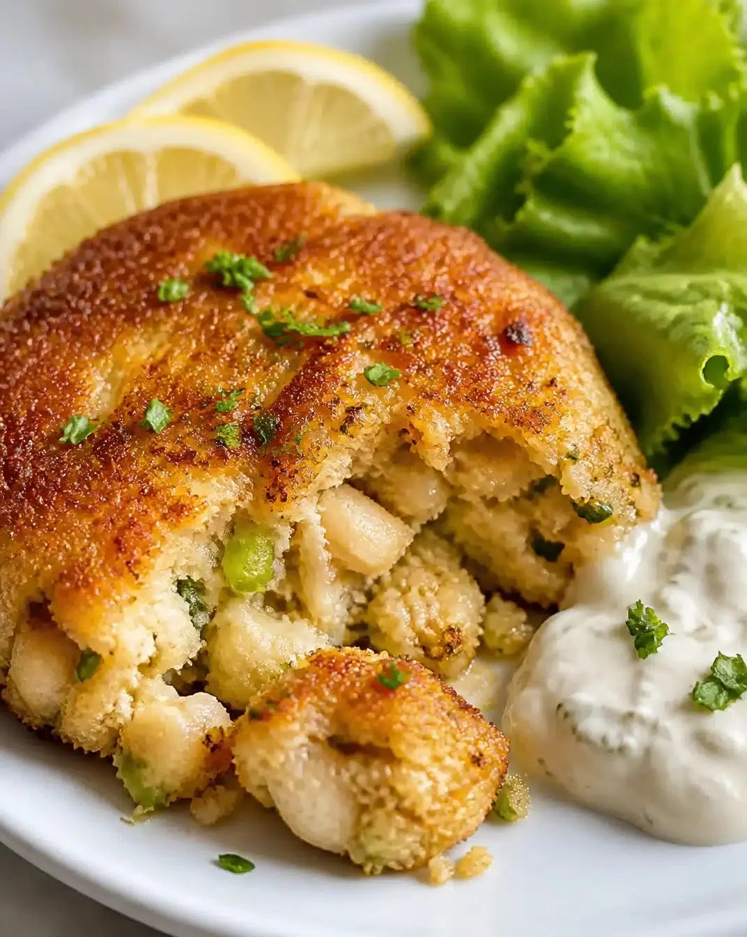 Delicious easy crab cakes served with lemon and garnish