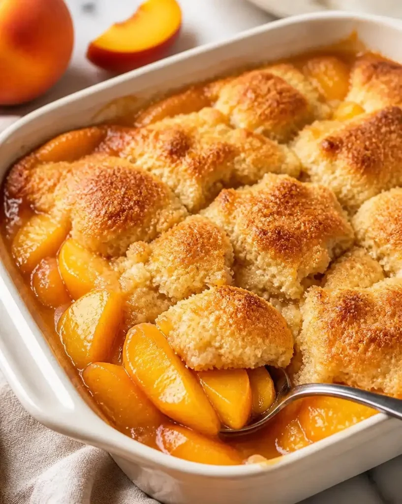 Delicious homemade fast and easy peach cobbler in a baking dish