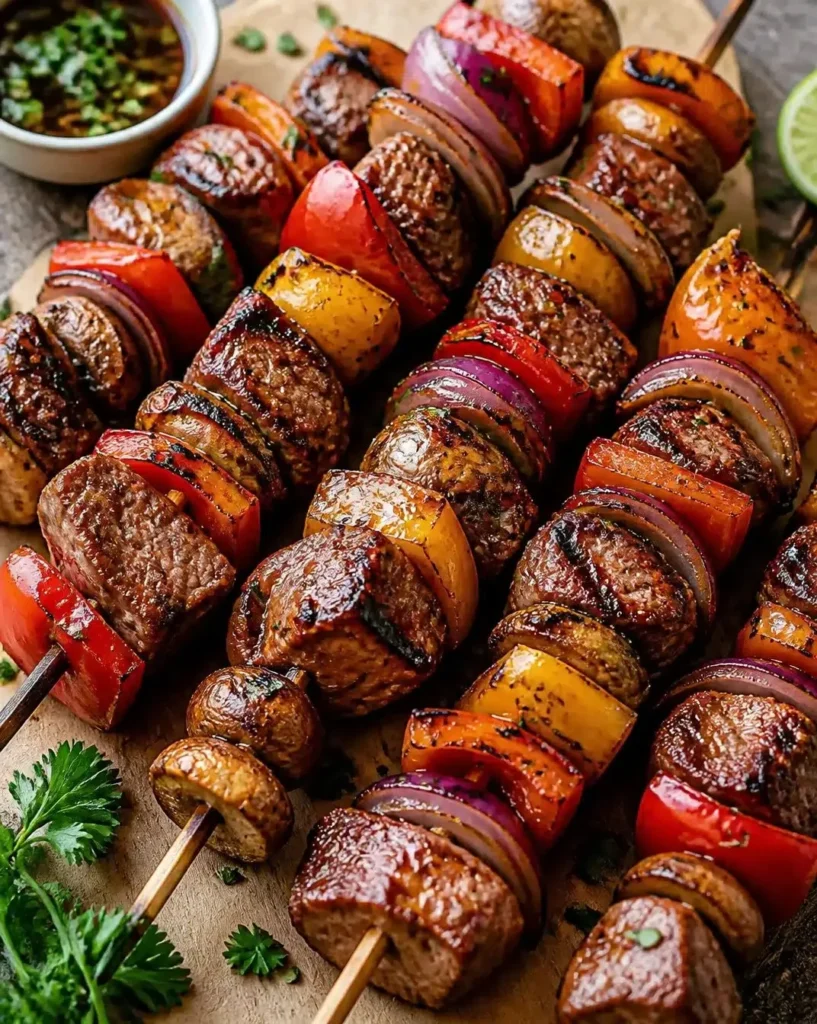 Grilled steak kabobs with colorful vegetables on skewers