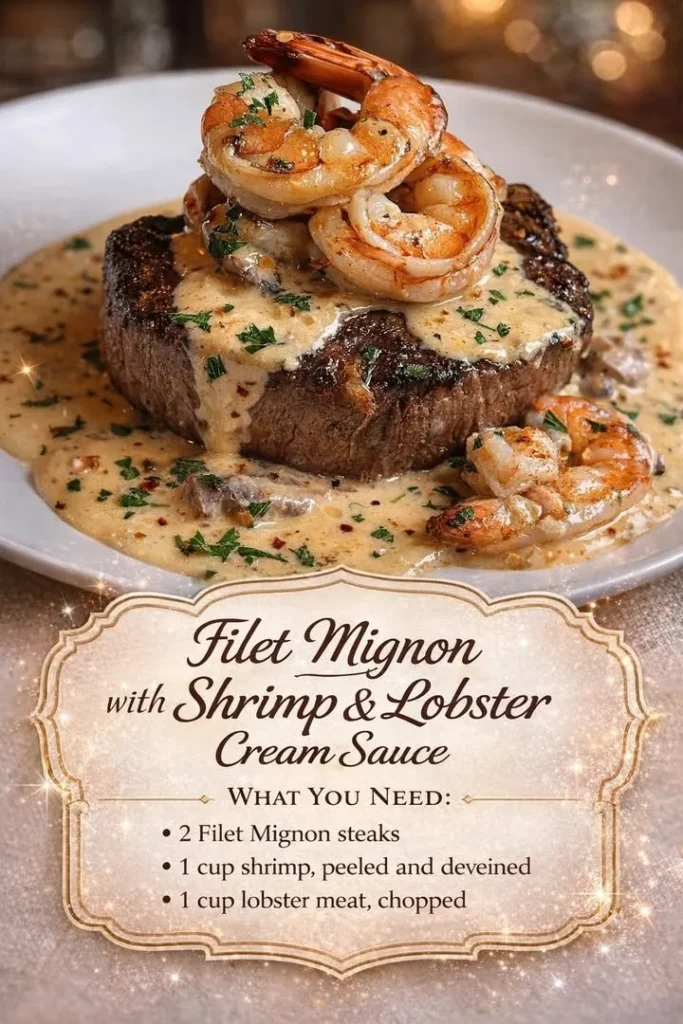 Filet Mignon topped with shrimp and lobster cream sauce served elegantly on a plate.