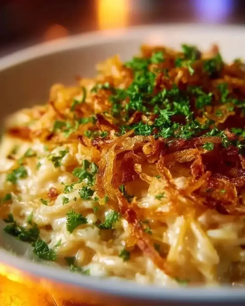 French Onion Chicken and Orzo Casserole topped with crispy onions