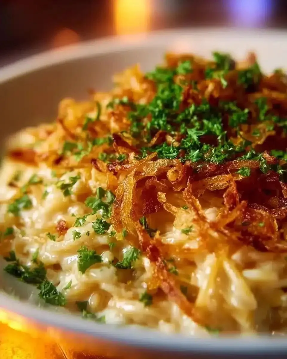 French Onion Chicken and Orzo Casserole topped with crispy onions