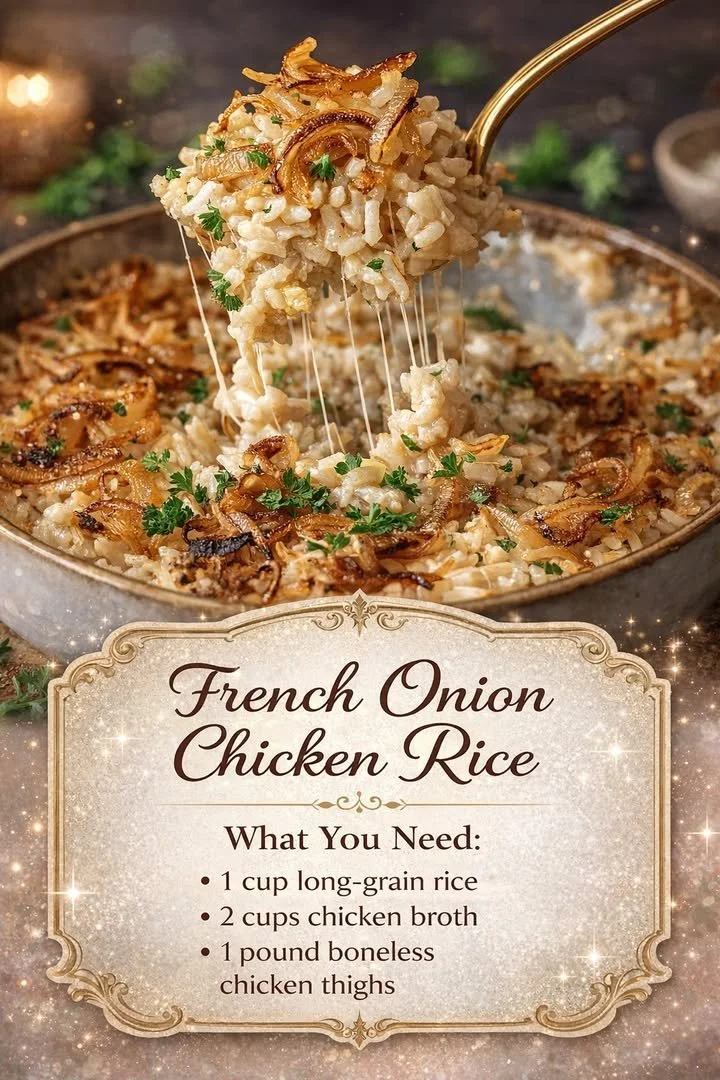Delicious French Onion Chicken Rice served in a bowl with melted cheese.