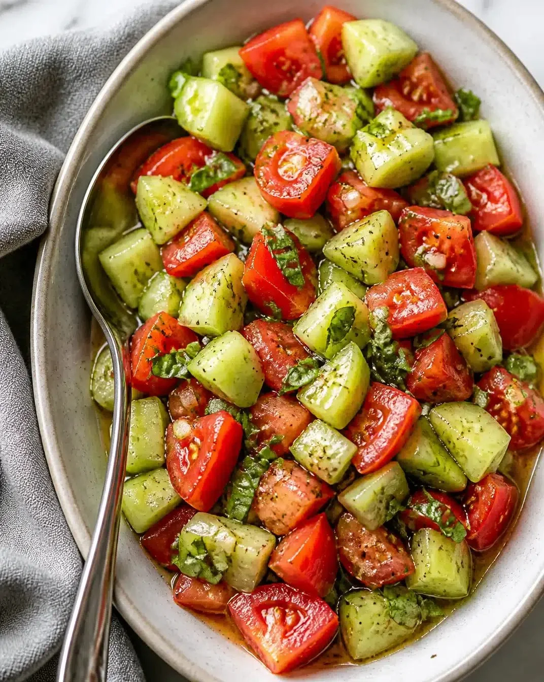 Fresh Cucumber and Tomato Salad 1 Fresh cucumber and tomato salad in a bowl with herbs and dressing