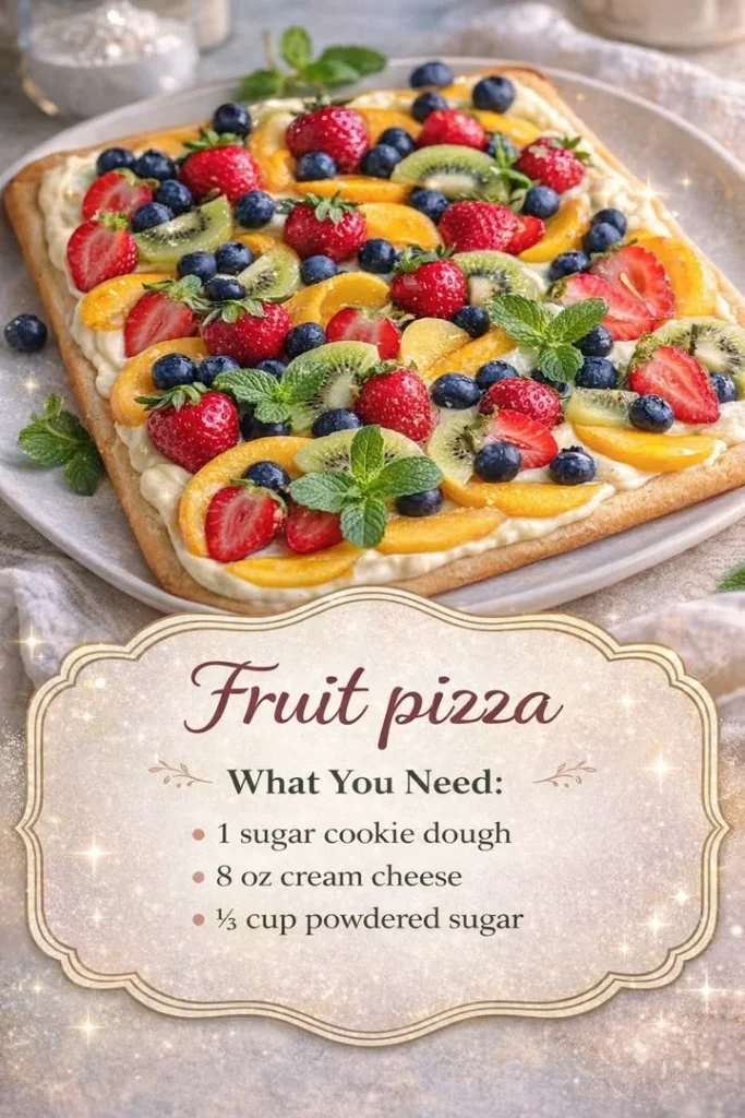 Colorful fruit pizza topped with assorted fresh fruits and cream cheese frosting.