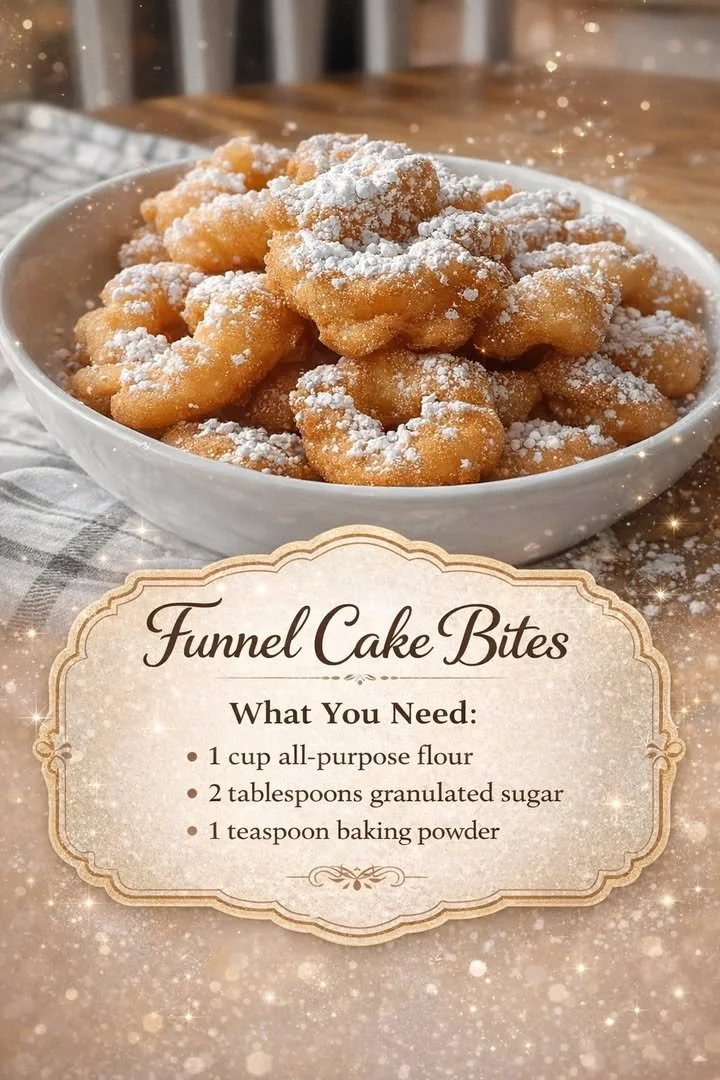 Funnel Cake Bites 1 Crispy and sweet funnel cake bites served with powdered sugar