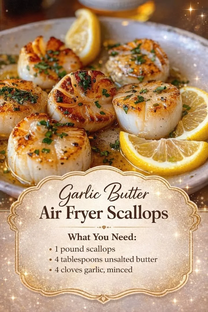 Garlic Butter Air Fryer Scallops 1 Garlic butter scallops cooked in an air fryer, served on a plate.