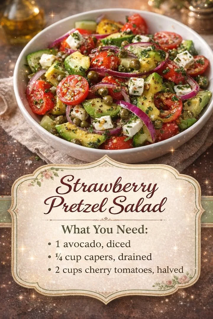 Greek Salad with Avocado and Capers 1 Greek salad with avocado and capers, topped with fresh vegetables and feta cheese.