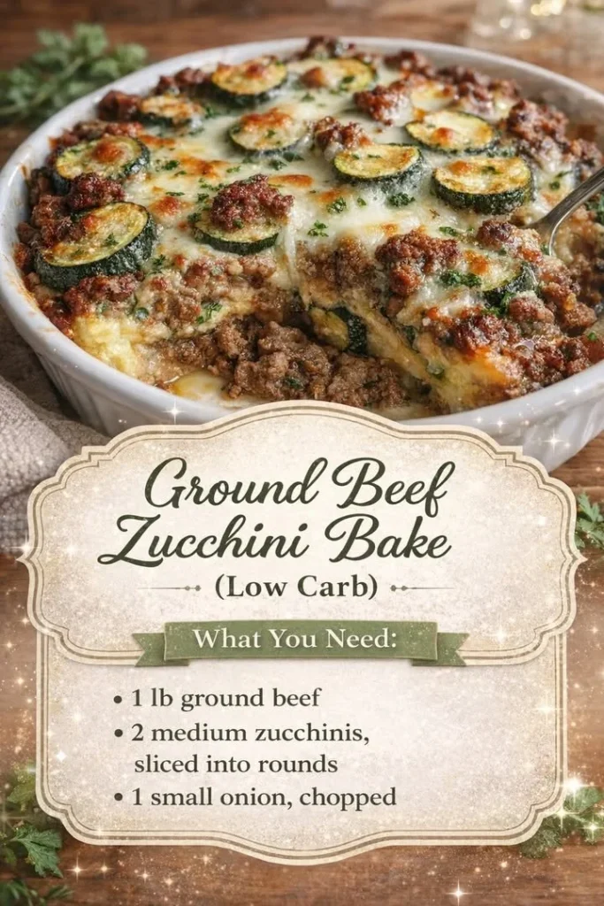 Savory low carb ground beef zucchini bake with cheese and herbs