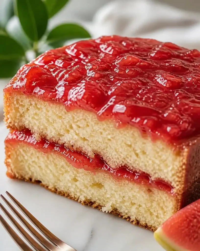 Hawaiian Guava Cake topped with fresh guava slices and cream