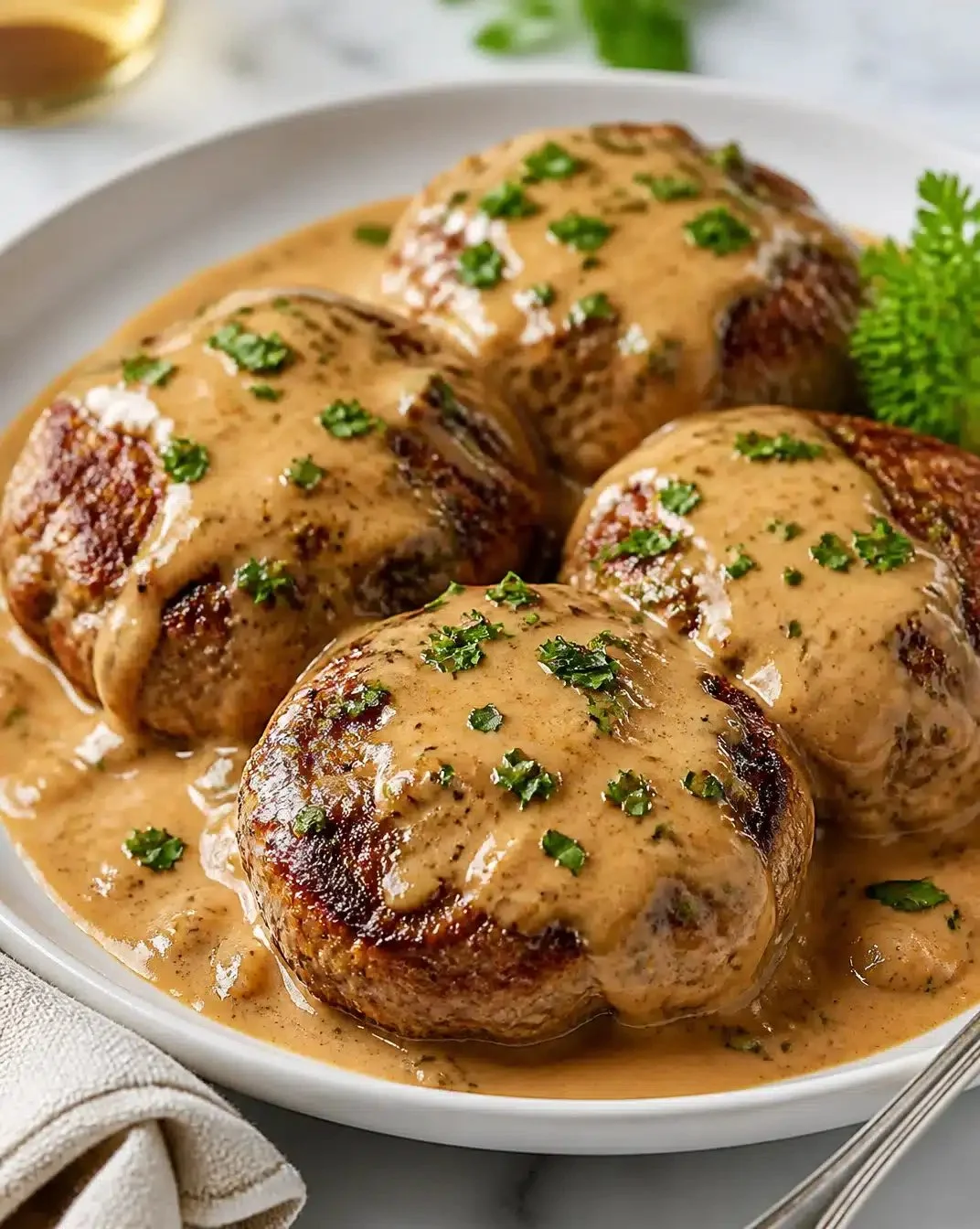 Hamburger patties served in a creamy whiskey sauce