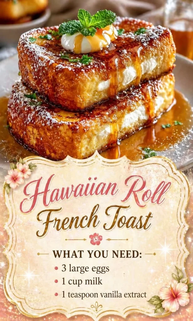 Delicious Hawaiian Roll French Toast topped with fruit and syrup