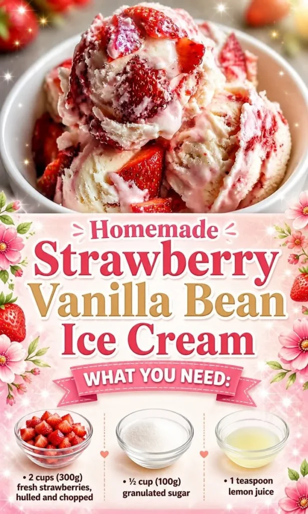 Homemade strawberry vanilla bean ice cream in a bowl with fresh strawberries