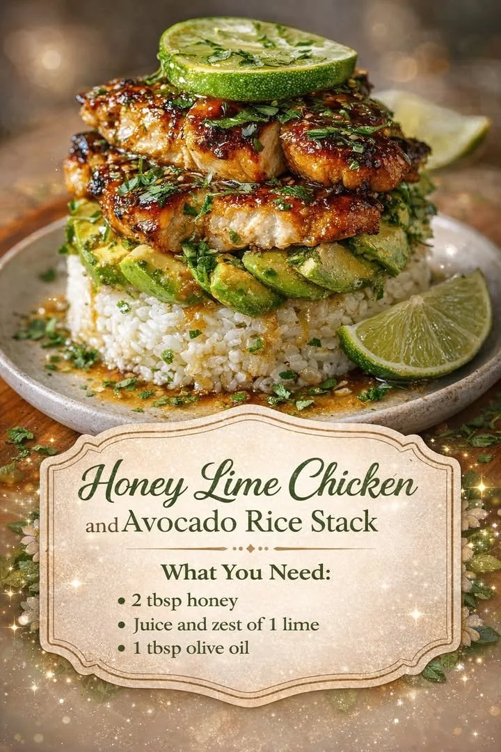 Honey Lime Chicken layered with Avocado Rice Stack for a flavorful dish