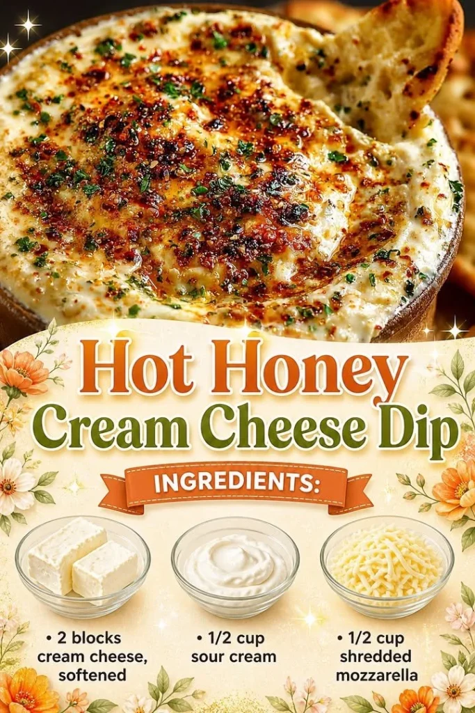 Delicious hot honey cream cheese dip served in a bowl with crackers.