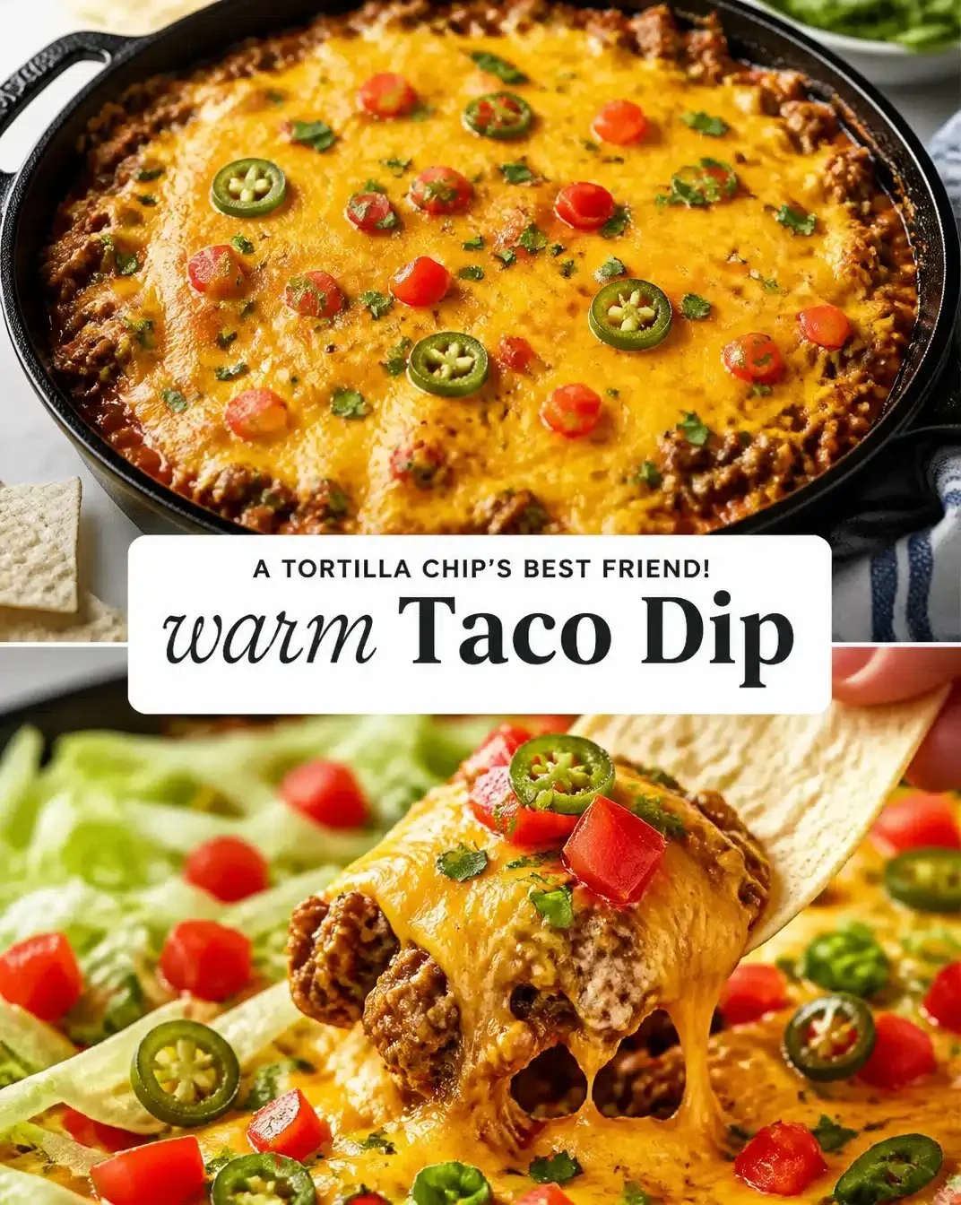 Delicious hot taco dip served with tortilla chips and fresh veggies.