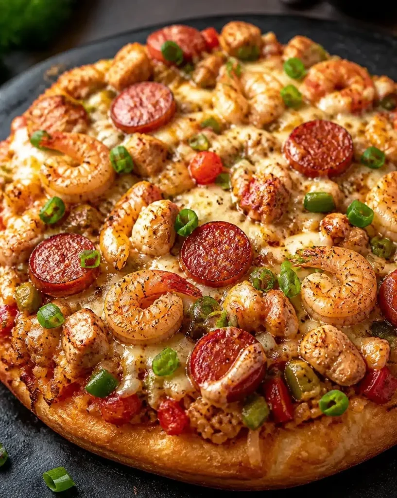 Delicious jambalaya pizza topped with shrimp, sausage, and spices on a crispy crust
