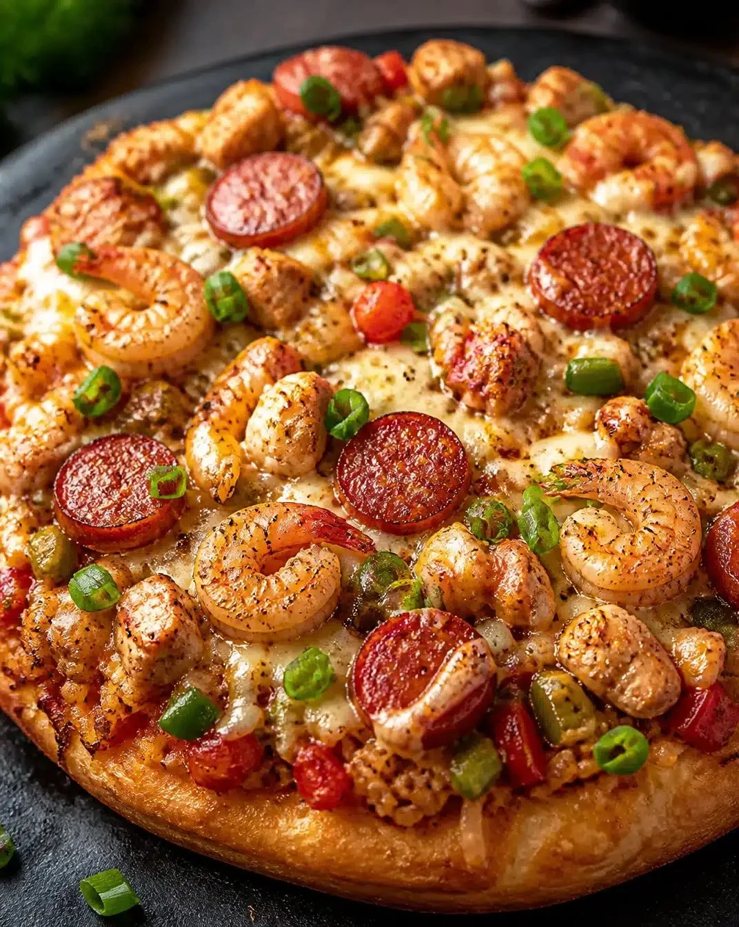 Jambalaya Pizza 1 Delicious jambalaya pizza topped with shrimp, sausage, and spices on a crispy crust