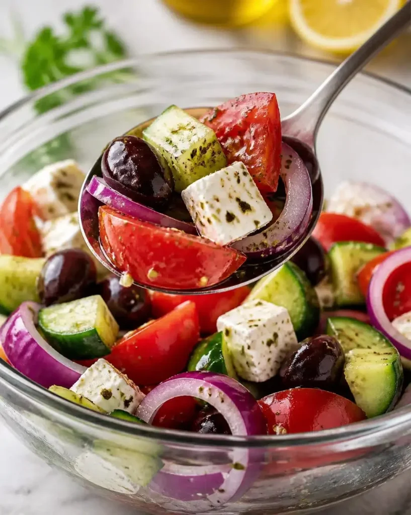 Keto Greek Salad with fresh vegetables and feta cheese in a bowl