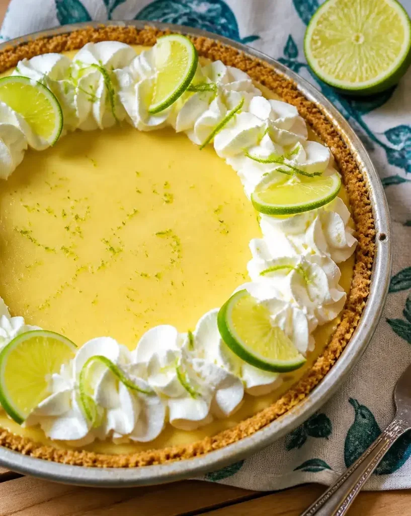 Delicious Key Lime Pie with a graham cracker crust and fresh lime slices