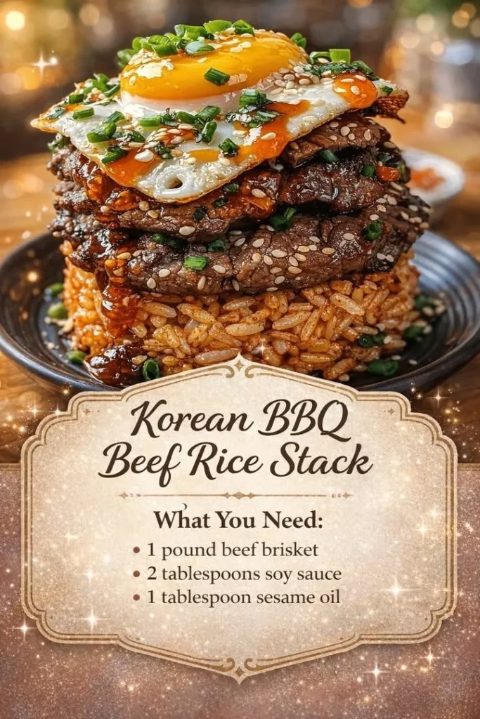 Korean BBQ Beef Rice Stack with vibrant vegetables and juicy beef layers