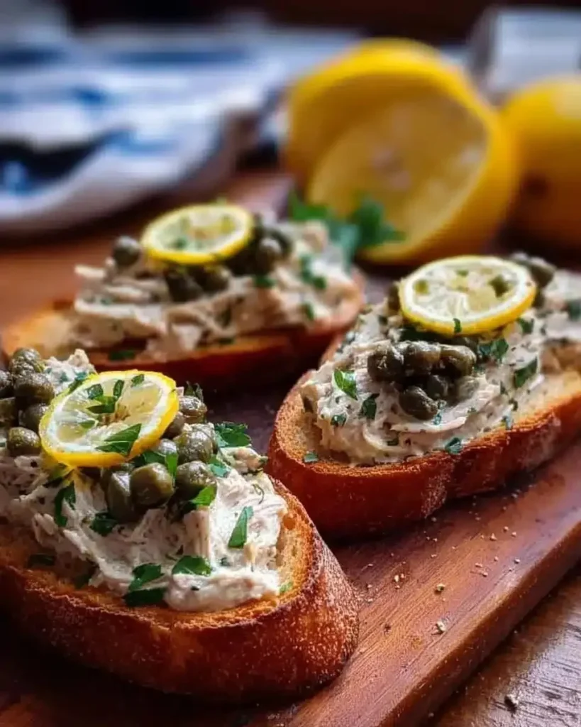 Lemon-infused sardine pâté crostini topped with capers served on a wooden board.