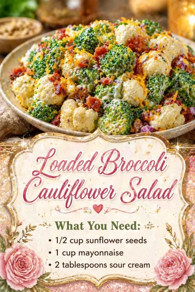 Delicious loaded broccoli cauliflower salad with colorful vegetables