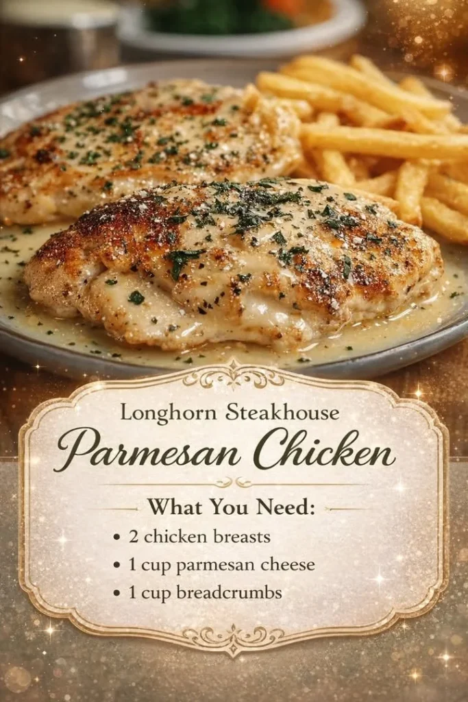 Longhorn Steakhouse Parmesan Chicken served with fresh herbs and sides.