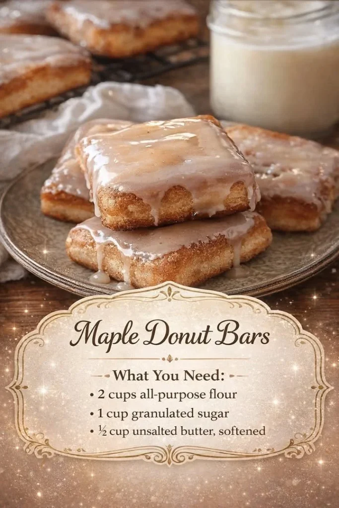 Delicious maple donut bars topped with icing and nuts, perfect for dessert.