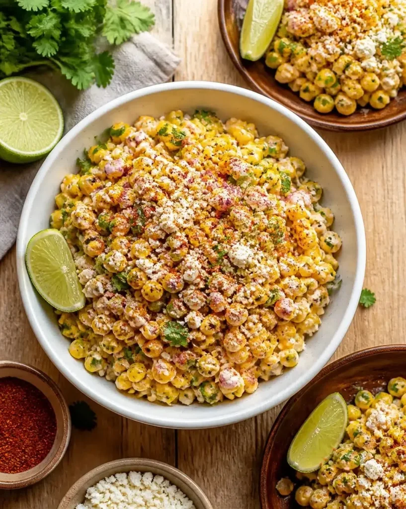 Bowl of delicious Mexican street corn salad with cilantro and lime dressing.