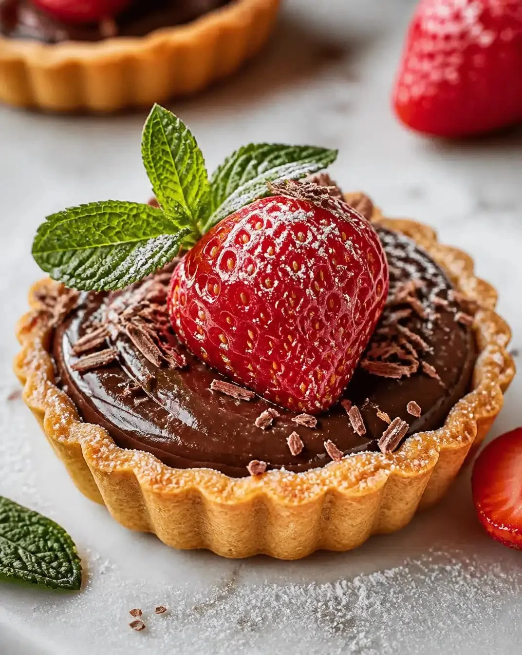 Mini Strawberry and Chocolate Tartlets 1 Mini strawberry and chocolate tartlets on a white plate