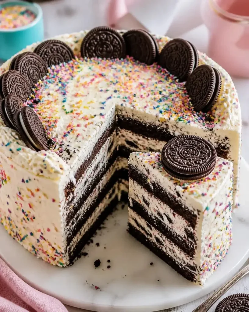 No-Bake Layered Funfetti Oreo Icebox Dessert with colorful sprinkles and cookie layers.