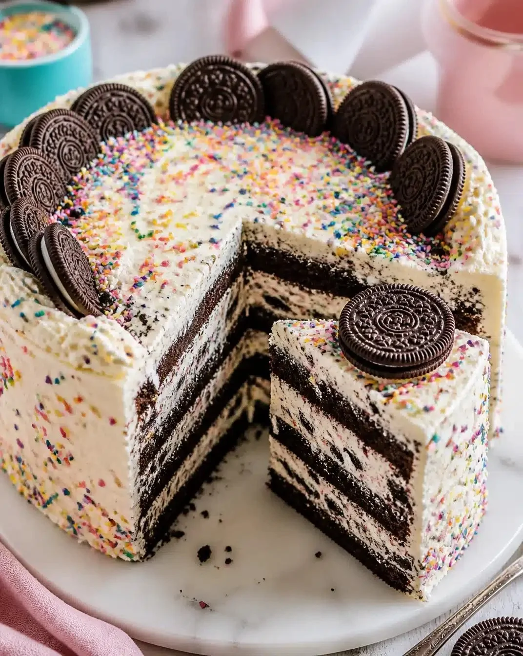 No-Bake Layered Funfetti Oreo Icebox Dessert with colorful sprinkles and cookie layers.