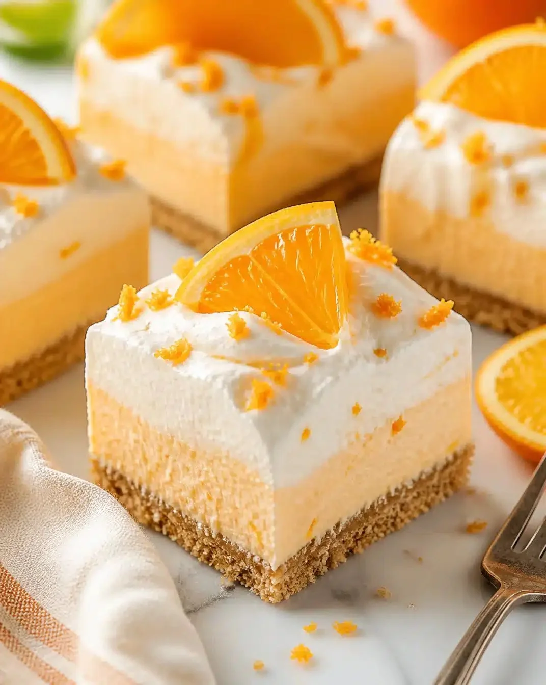 No-Bake Orange Creamsicle Bars 1 Delicious no-bake orange creamsicle bars stacked on a plate