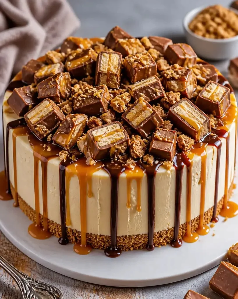 Delicious no-bake Twix cheesecake topped with chocolate and caramel.