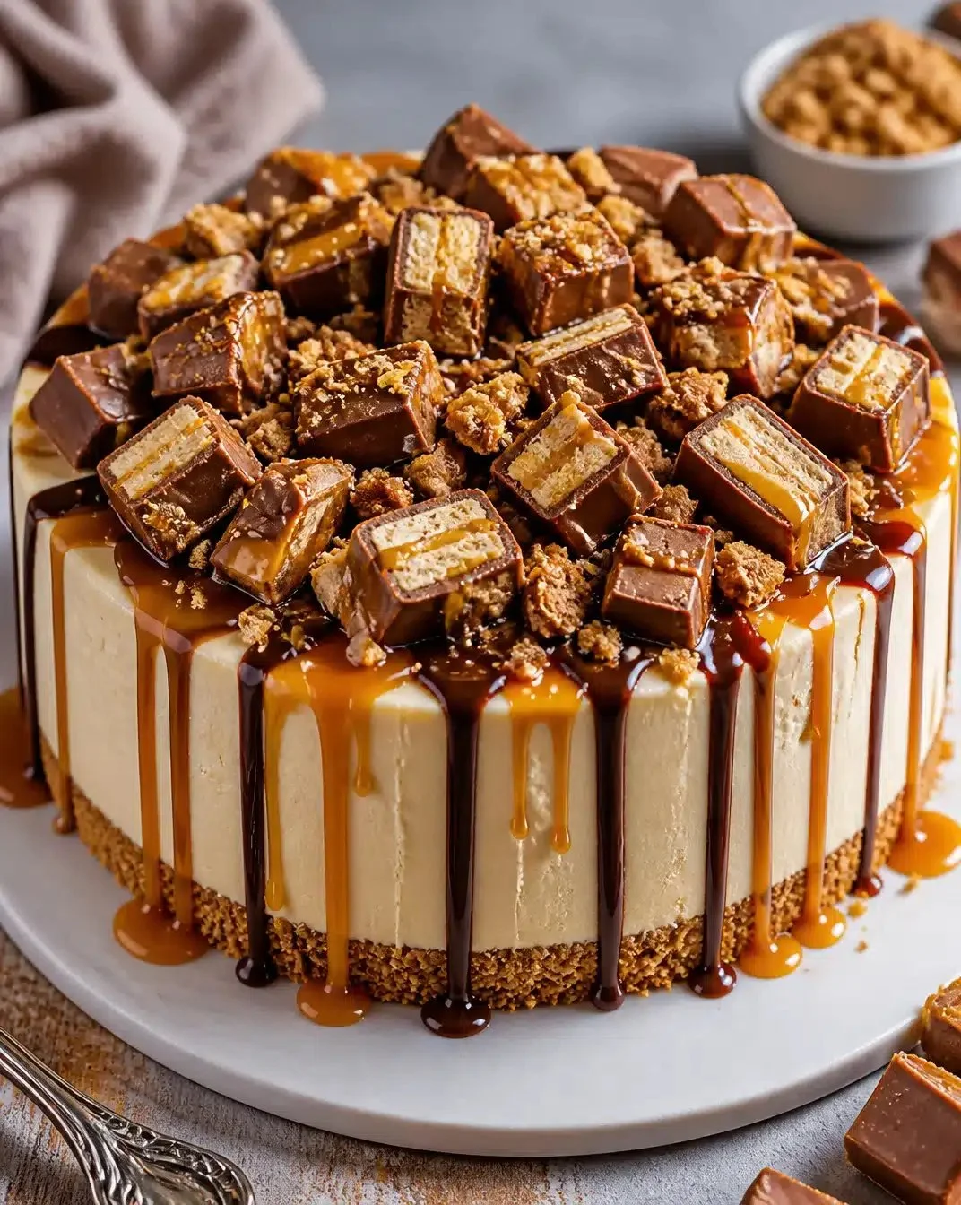 No-Bake Twix Cheesecake 1 Delicious no-bake Twix cheesecake topped with chocolate and caramel.