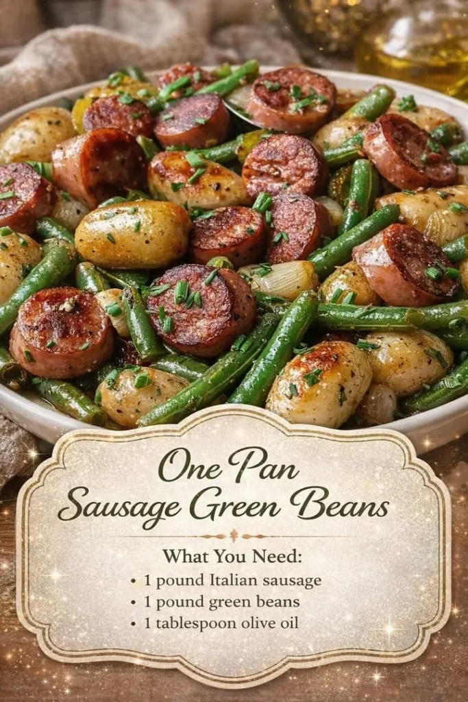 One pan sausage green beans dish ready to serve