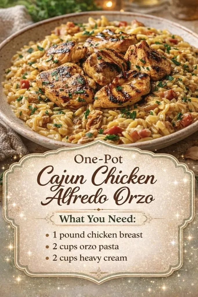 One-pot Cajun Chicken Alfredo orzo dish garnished with herbs