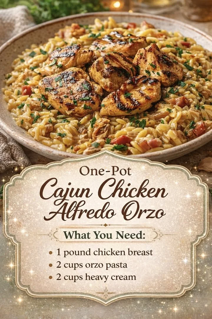 One-Pot Cajun Chicken Alfredo Orzo 1 One-pot Cajun Chicken Alfredo orzo dish garnished with herbs